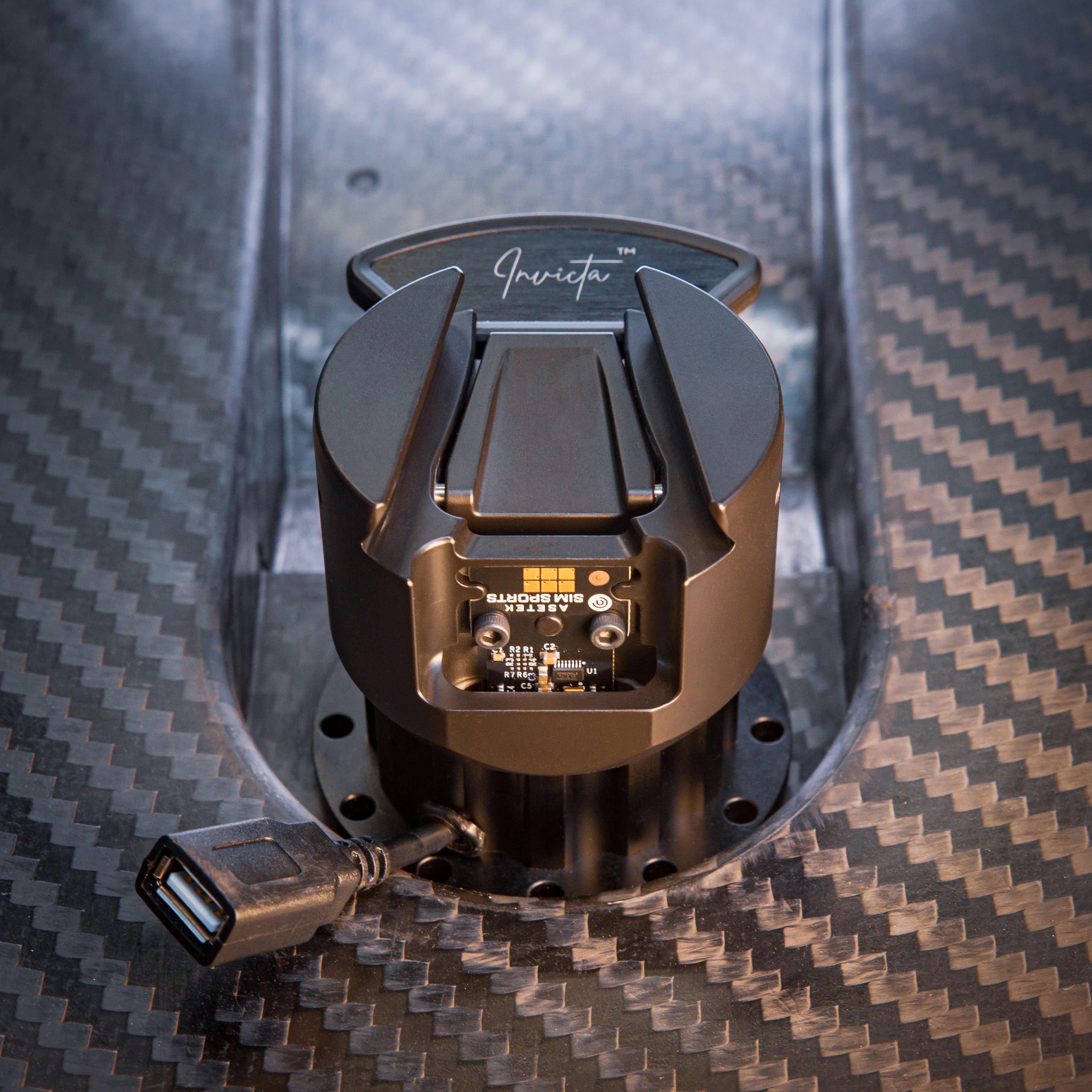 Asetek SimSports Invicta™ Quick Release Adapter for wheel rim, USB-C connection, shown with metal mounting components.