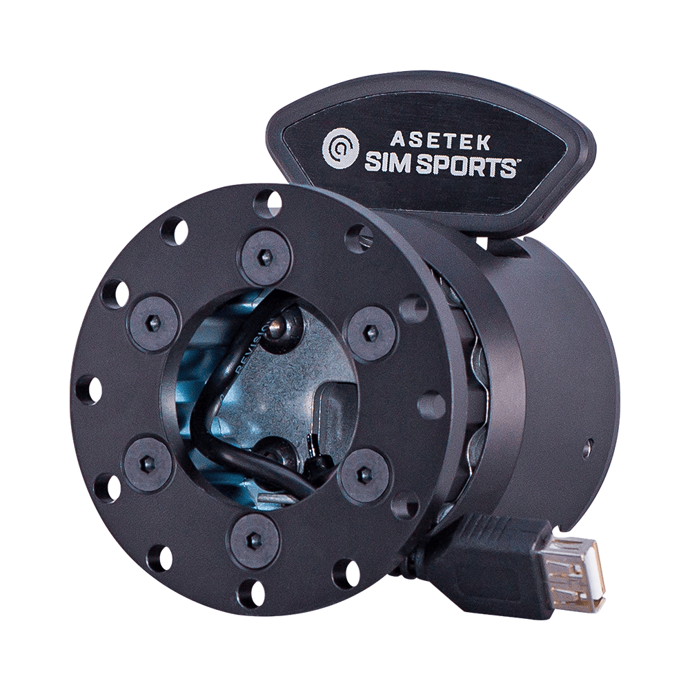 Asetek SimSports Invicta Quick Release Adapter V2 for wheel rims, USB-A connection, displayed on white background.