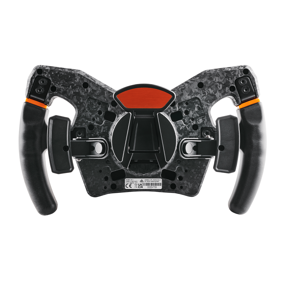 Asetek SimSports LA PRIMA Formula sim steering wheel shown from the back on a white background, featuring detailed controls and branding.