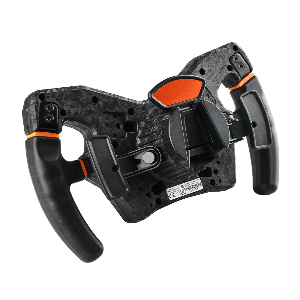 Asetek SimSports LA PRIMA Formula sim steering wheel with white background, showing the backside and connection ports.