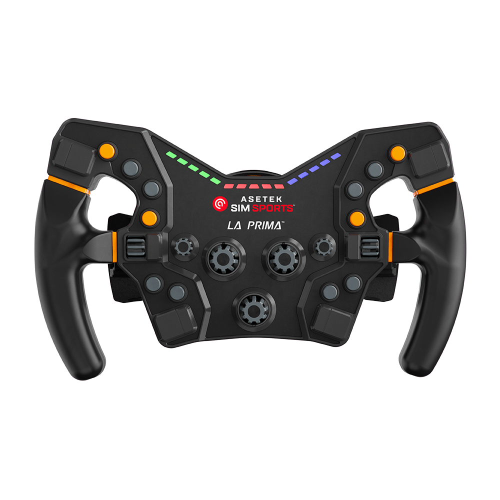 Asetek SimSports La Prima Formula Wheel with illuminated front LEDs, sleek racing design, and realistic steering wheel features.