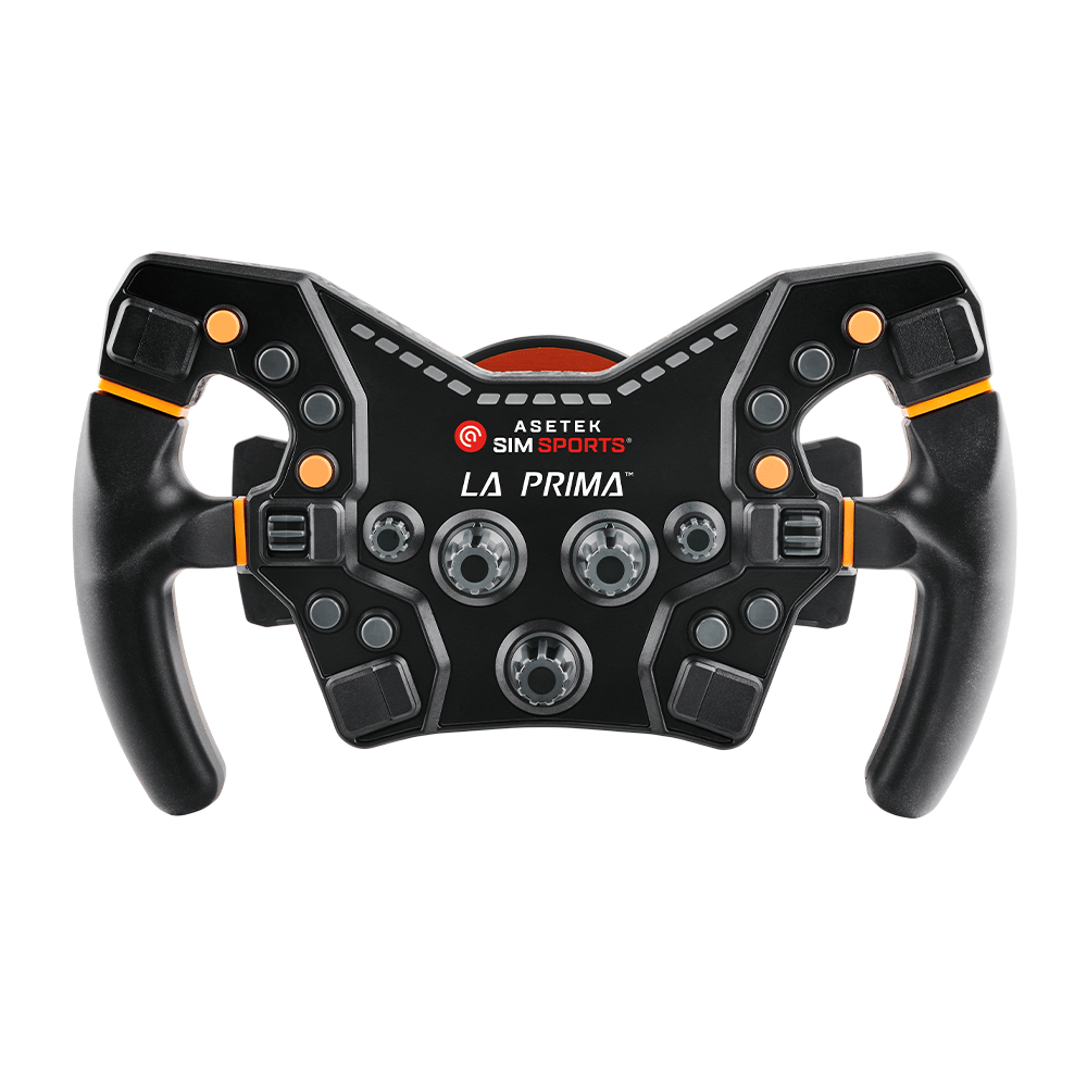 Asetek SimSports LA PRIMA Formula steering wheel with white background, detailed buttons, and ergonomic design for sim racing.