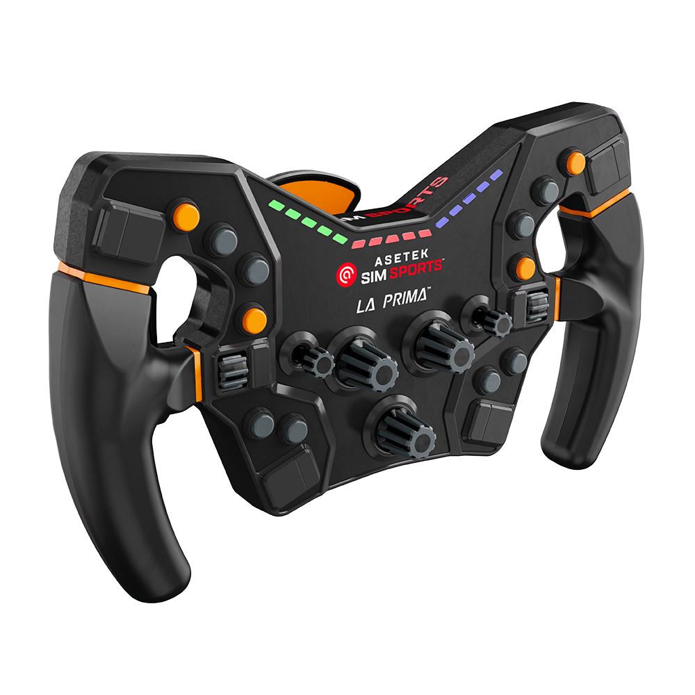 Asetek SimSports LA PRIMA Formula sim racing steering wheel with white LED accents, viewed from the side on a white background.