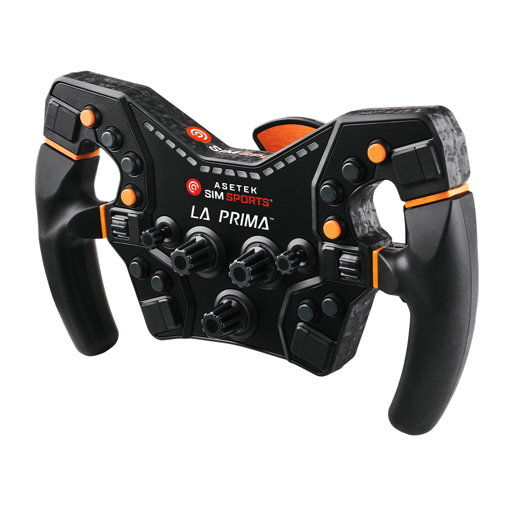 Asetek SimSports La Prima Formula Wheel shown from the side, white background, detailed view of the sim racing steering wheel.