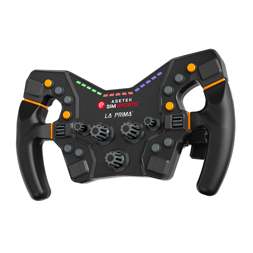 Asetek SimSports LA PRIMA Formula Wheel for sim racing, side view showing white LED accents on a sleek racing steering wheel.