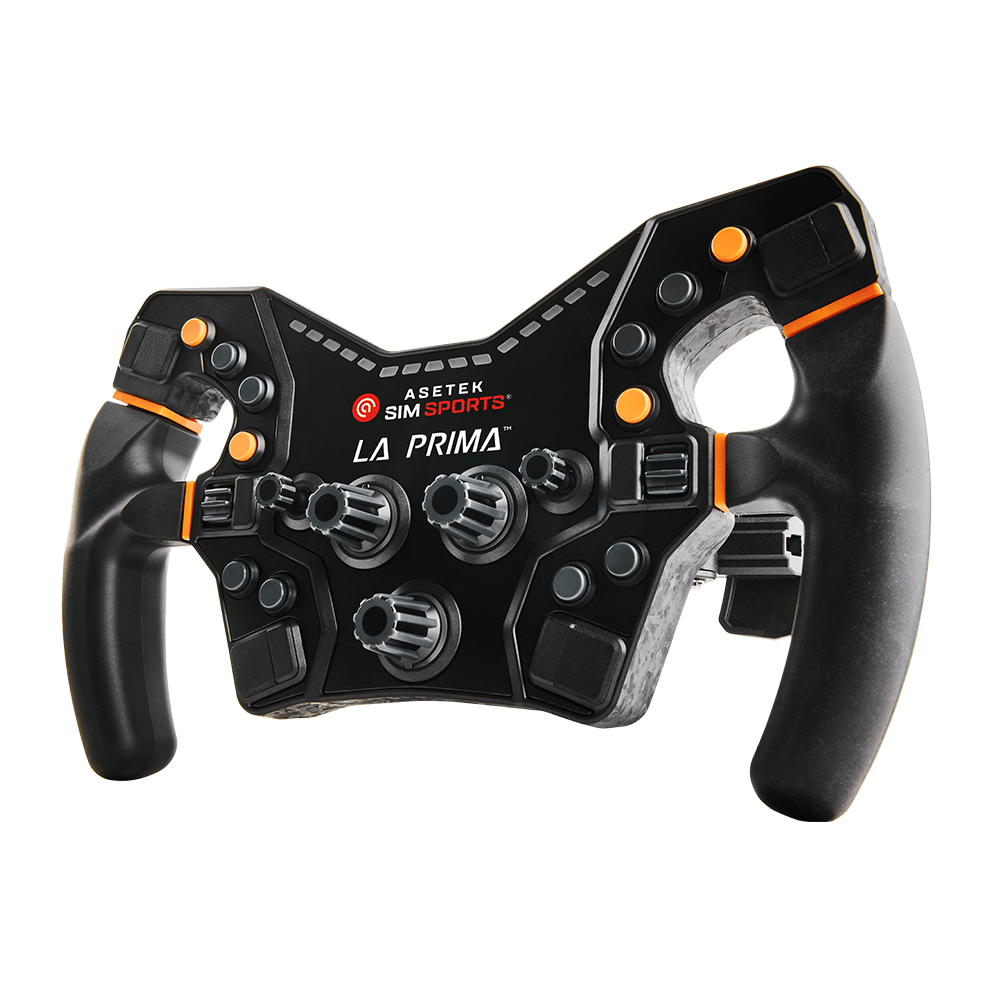 Asetek SimSports La Prima Formula Wheel, black sim steering wheel with white accents, viewed from the left side on a white background.