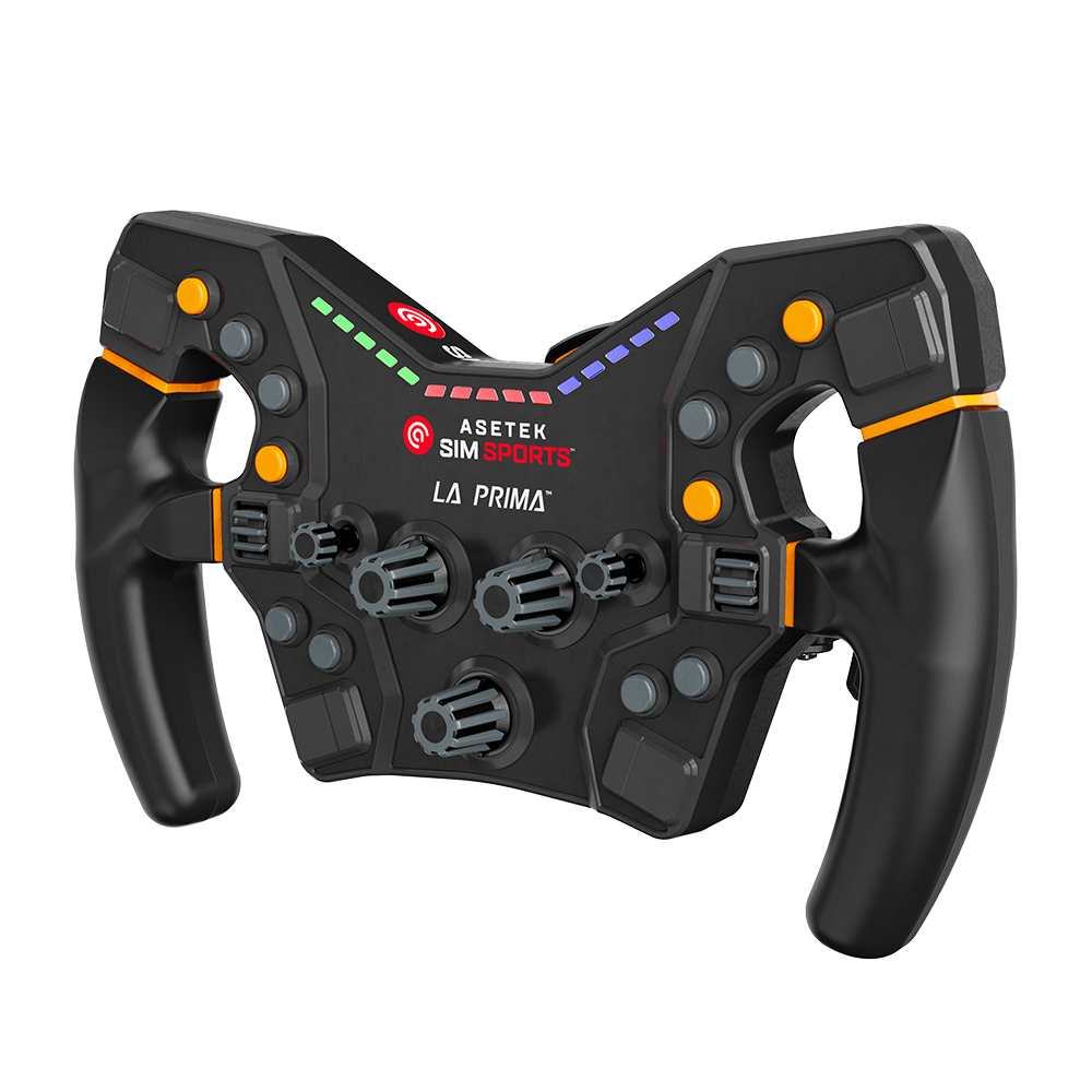 Asetek SimSports LA PRIMA Formula sim steering wheel with side right LED display on white background.