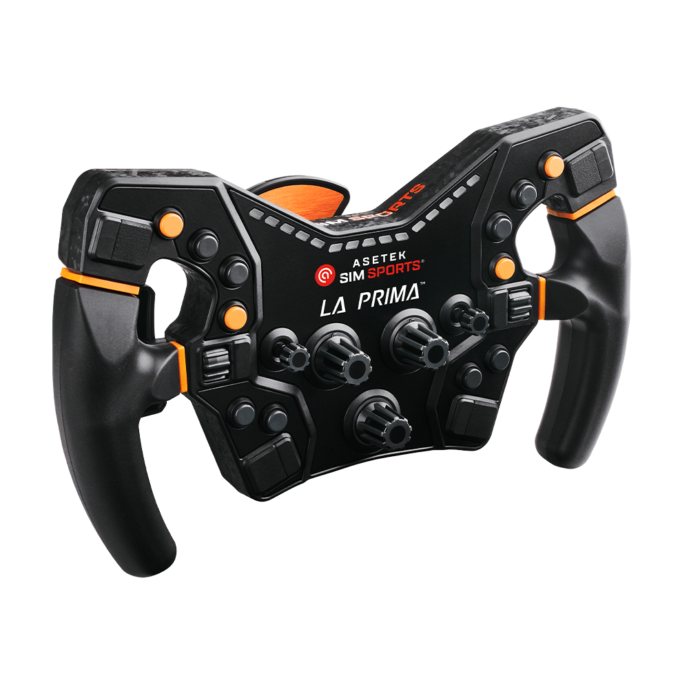 Asetek SimSports LA PRIMA Formula Wheel for sim racing, white steering wheel with detailed buttons and grip on a white background.