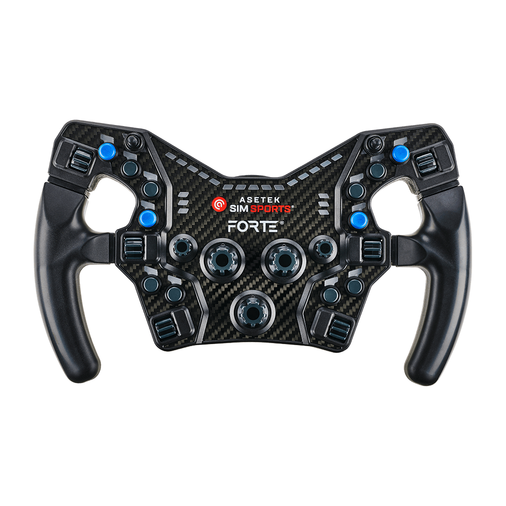 Asetek SimSports steering wheel button color kit with blue accents and black cushions for wheel rim customization.