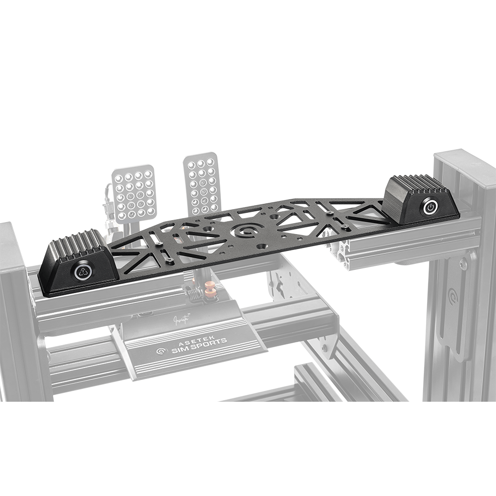 Asetek SimSports Bottom Mount with table clamps, white accessories for secure sim racing setup on a clean background.