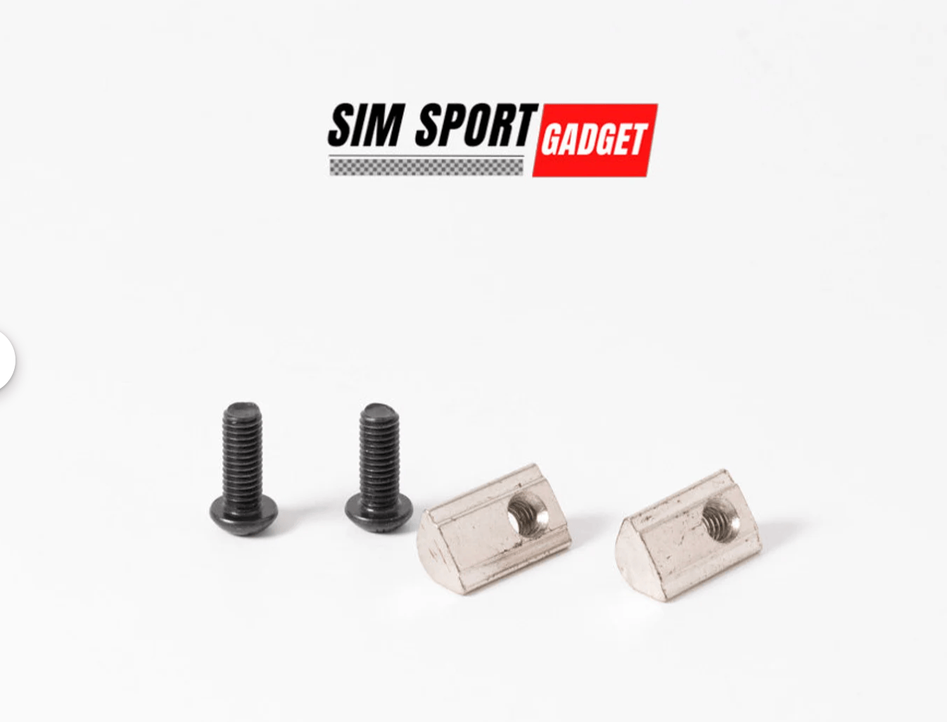 SimSportGadget bolts and T-nuts for sim racing aluminum profile rig, showing sturdy metal fasteners and accessories for assembly.