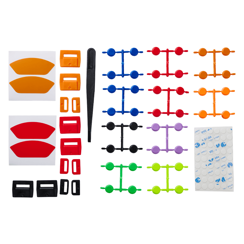 Asetek SimSports steering wheel button color kit in a box with various colored buttons for wheel rim customization.