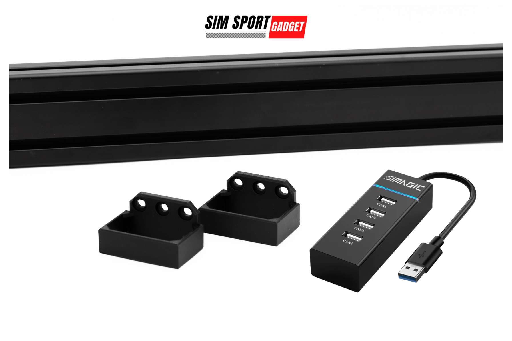 Simagic USB Canbus Hub Mount accessory attached to a racing sim setup, showcasing a sleek black mount for easy device access.