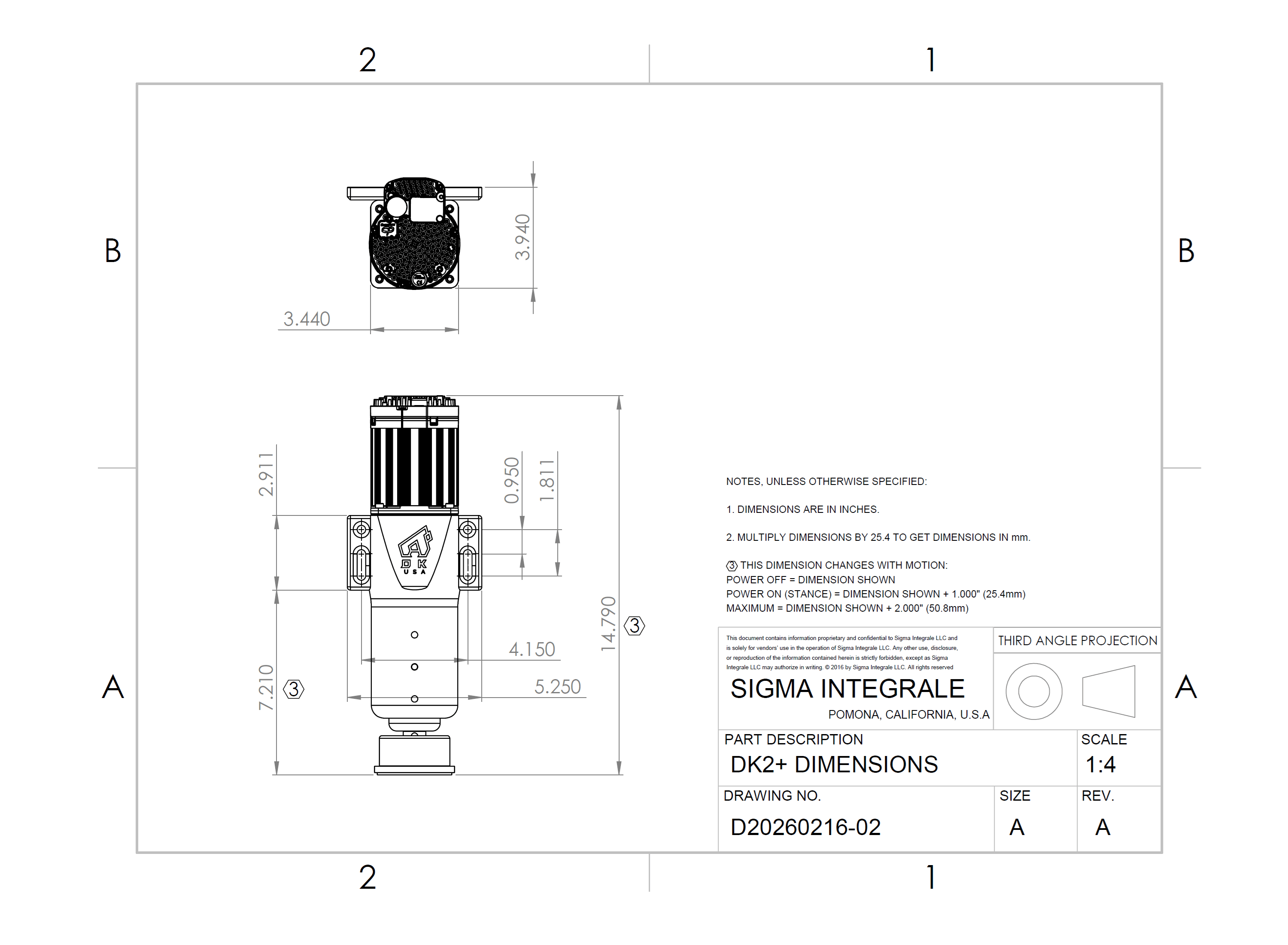 Technical drawing of the DK2+ Motion System by Sigma Integrale Motion Systems, showing dimensional details of the haptics and motion system.