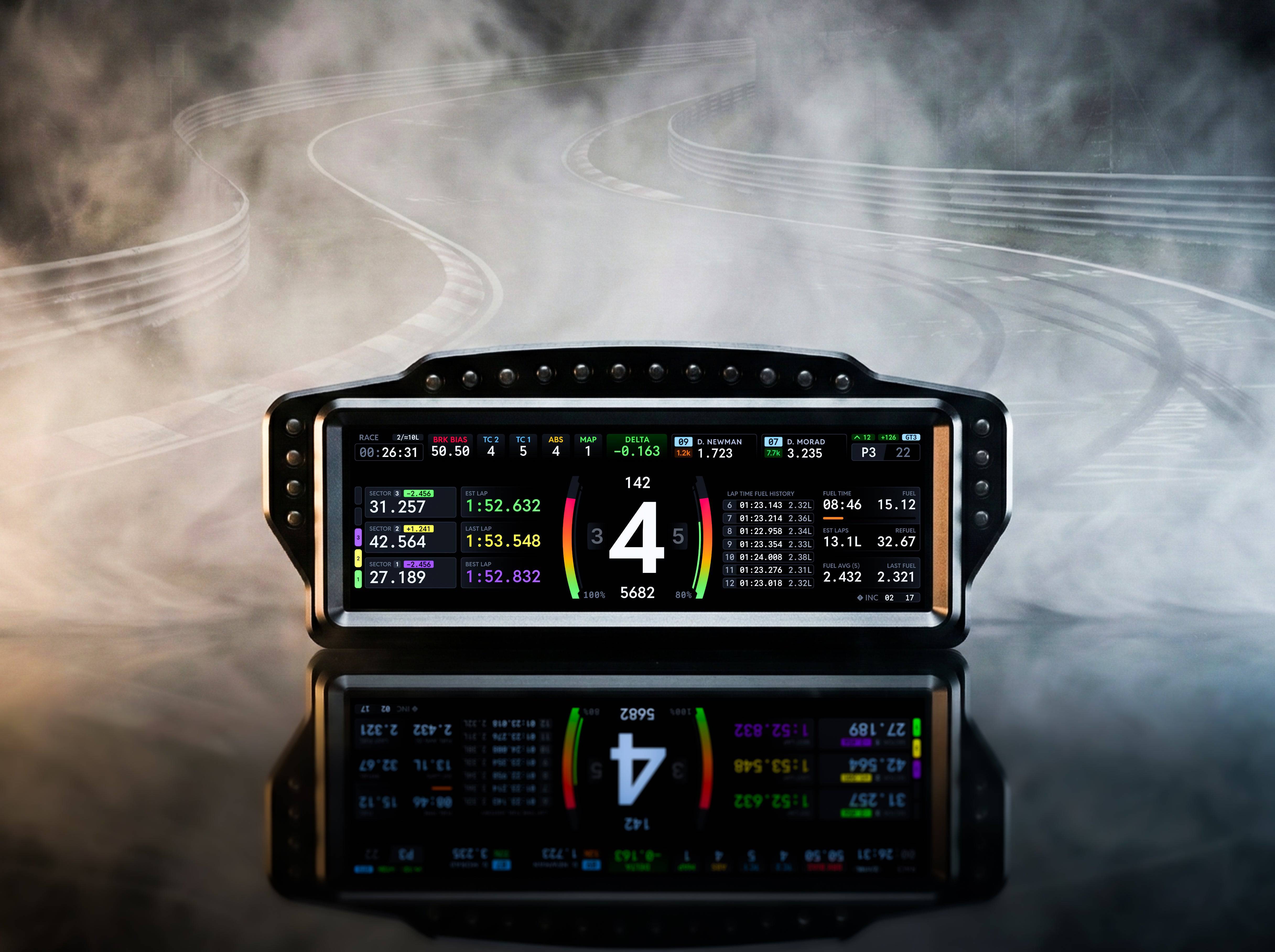 Electronic SSG Dashboard Display DV-8 from SimSportGadget showing digital readouts and interface on a sleek black background.