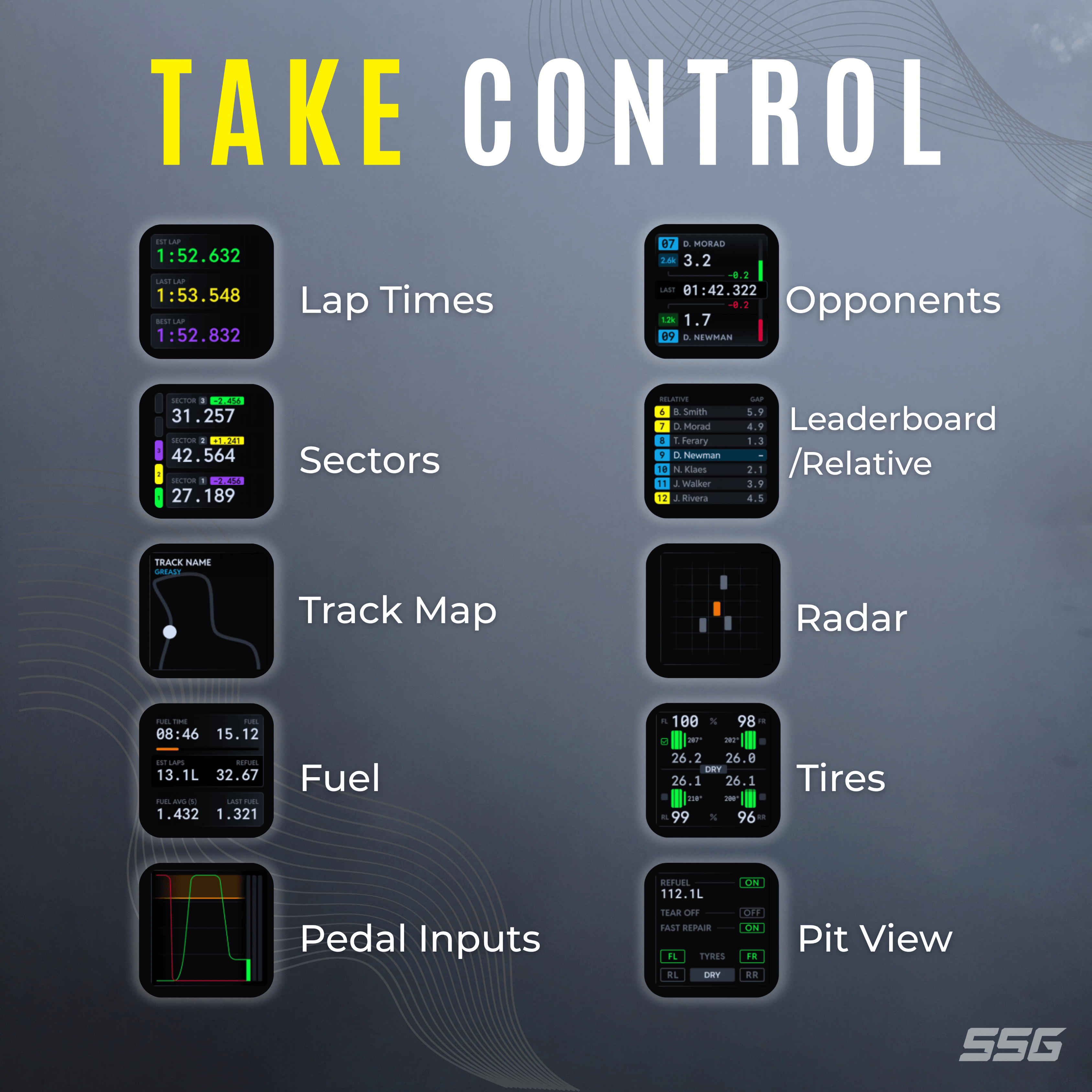 SimSportGadget SSG Dashboard Display DV-8 electronic device showing colorful dashboard graphics and data readouts.