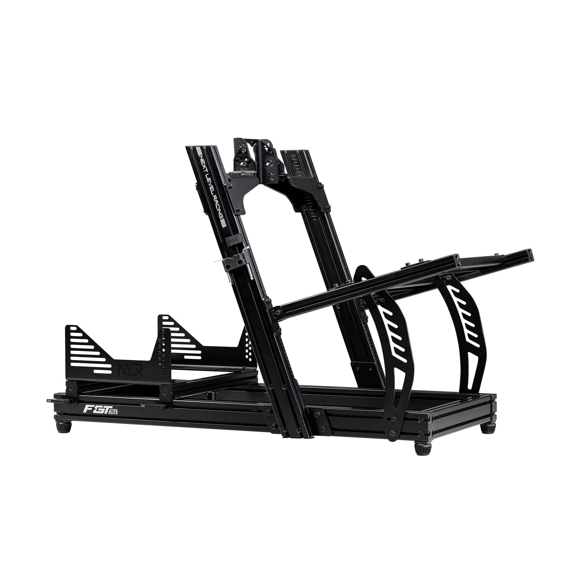 Next Level Racing F-GT Elite Lite sim racing chassis with front and side mounts in black, showing the sturdy frame and mounting points.