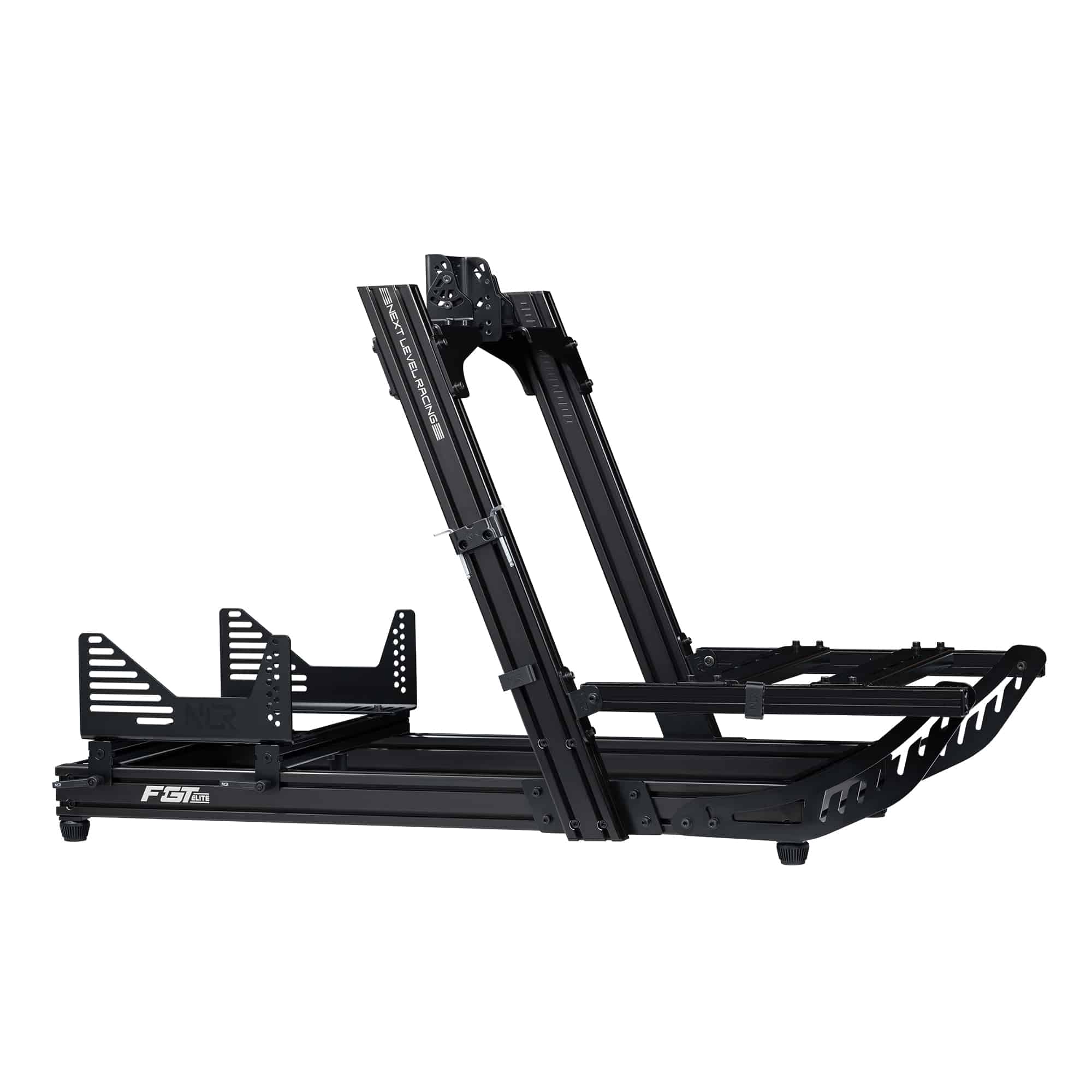Next Level Racing F-GT Elite Lite sim racing chassis with front and side mount, black, showcasing its sleek design.