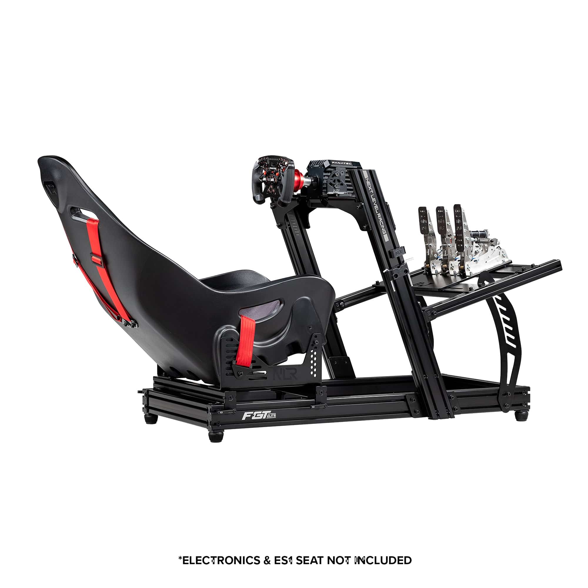 Next Level Racing F-GT Elite Lite sim racing chassis with front and side mount in black, showcasing its sleek design and sturdy build.