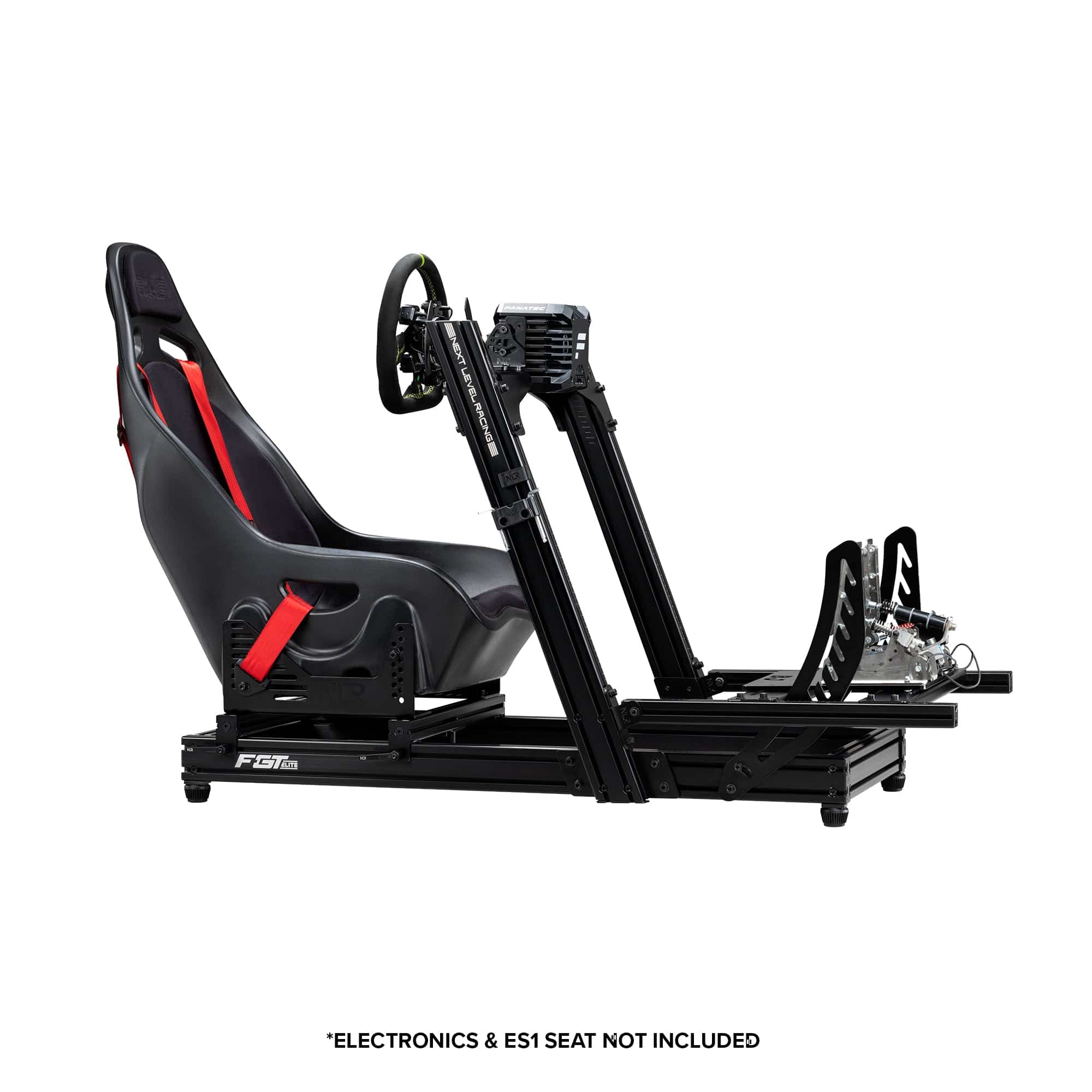 Next Level Racing F-GT Elite Lite sim racing chassis with front and side mounts, black color, designed for immersive racing experiences.
