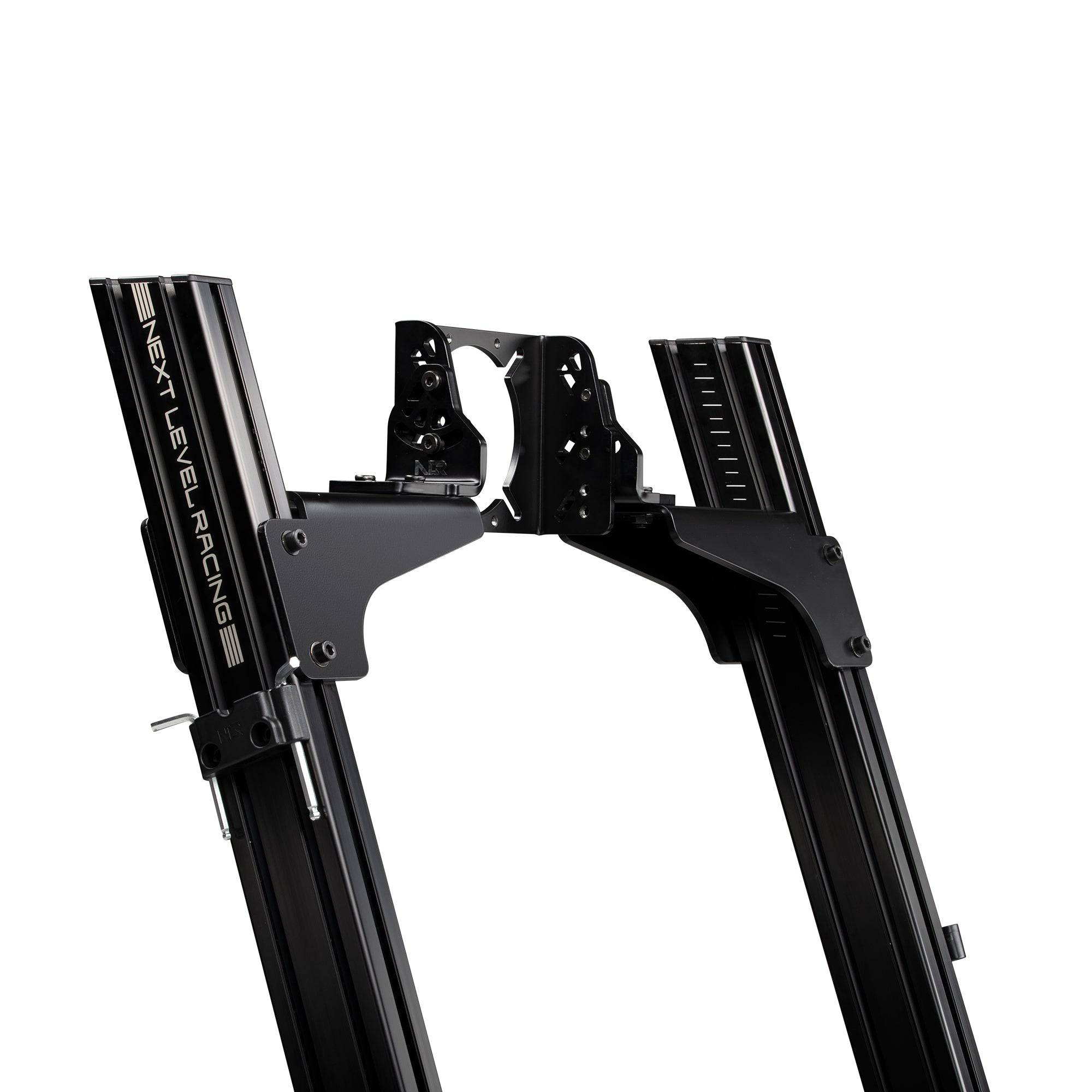 Next Level Racing F-GT Elite Lite sim racing chassis with front and side mounts in black, showcasing its sleek design and build quality.