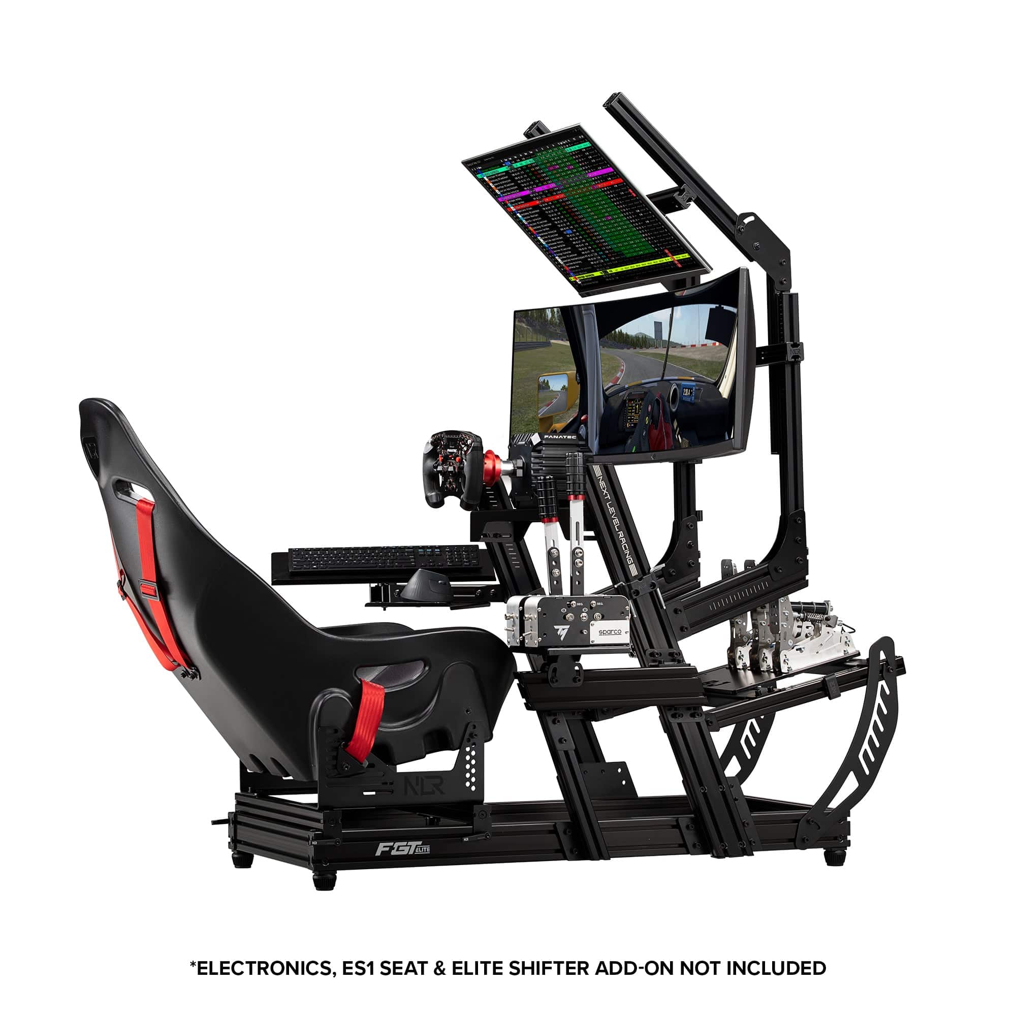 Next Level Racing F-GT Elite Lite sim racing chassis with front and side mount in black, shown from front and side angles.
