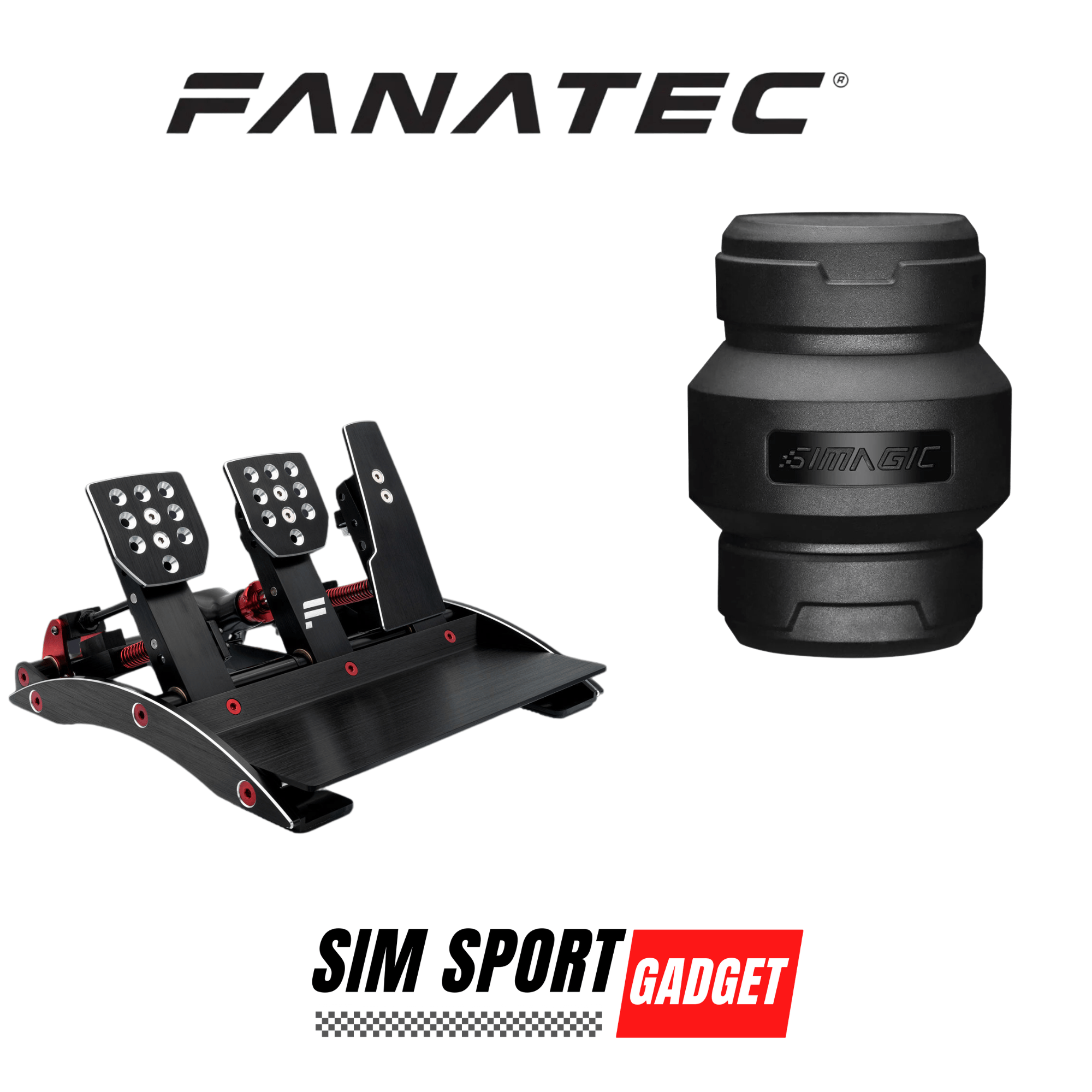 SimSportGadget pedal mod for Fanatec Clubsport V3 and Simagic P-HPR NEO mount, showing upgraded racing pedal setup with metal components.