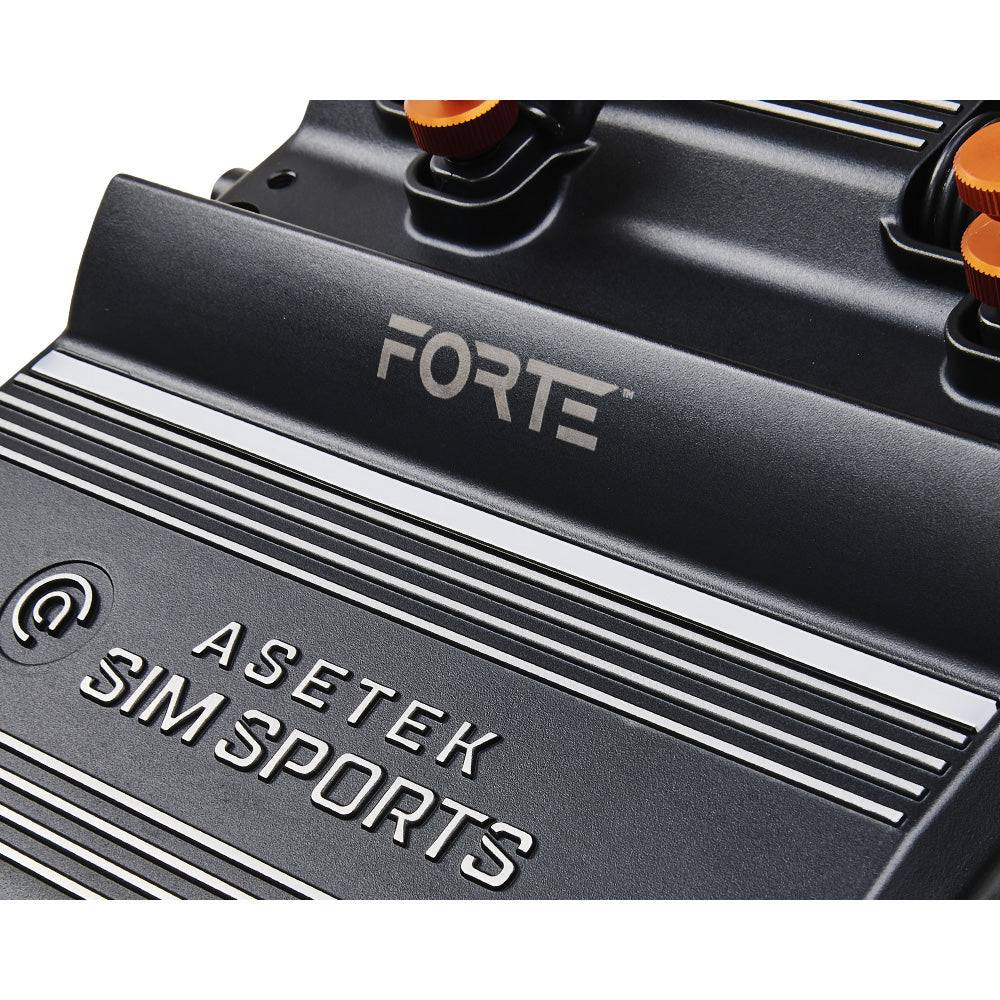 Asetek SimSports Forte sim racing pedals with brake and throttle, mounted on a metal baseplate, open box display