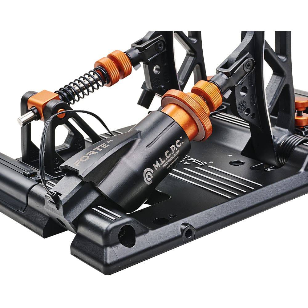 Asetek SimSports Forte sim racing pedals set with brake and throttle, shown from the left side, open box condition.