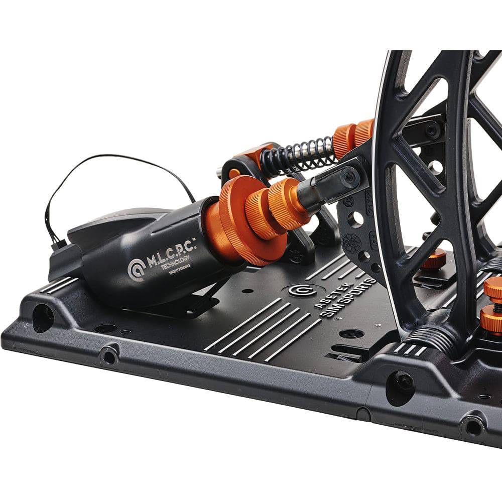 Asetek SimSports Forte sim racing pedals with brake and throttle, shown from the right side in open box condition.
