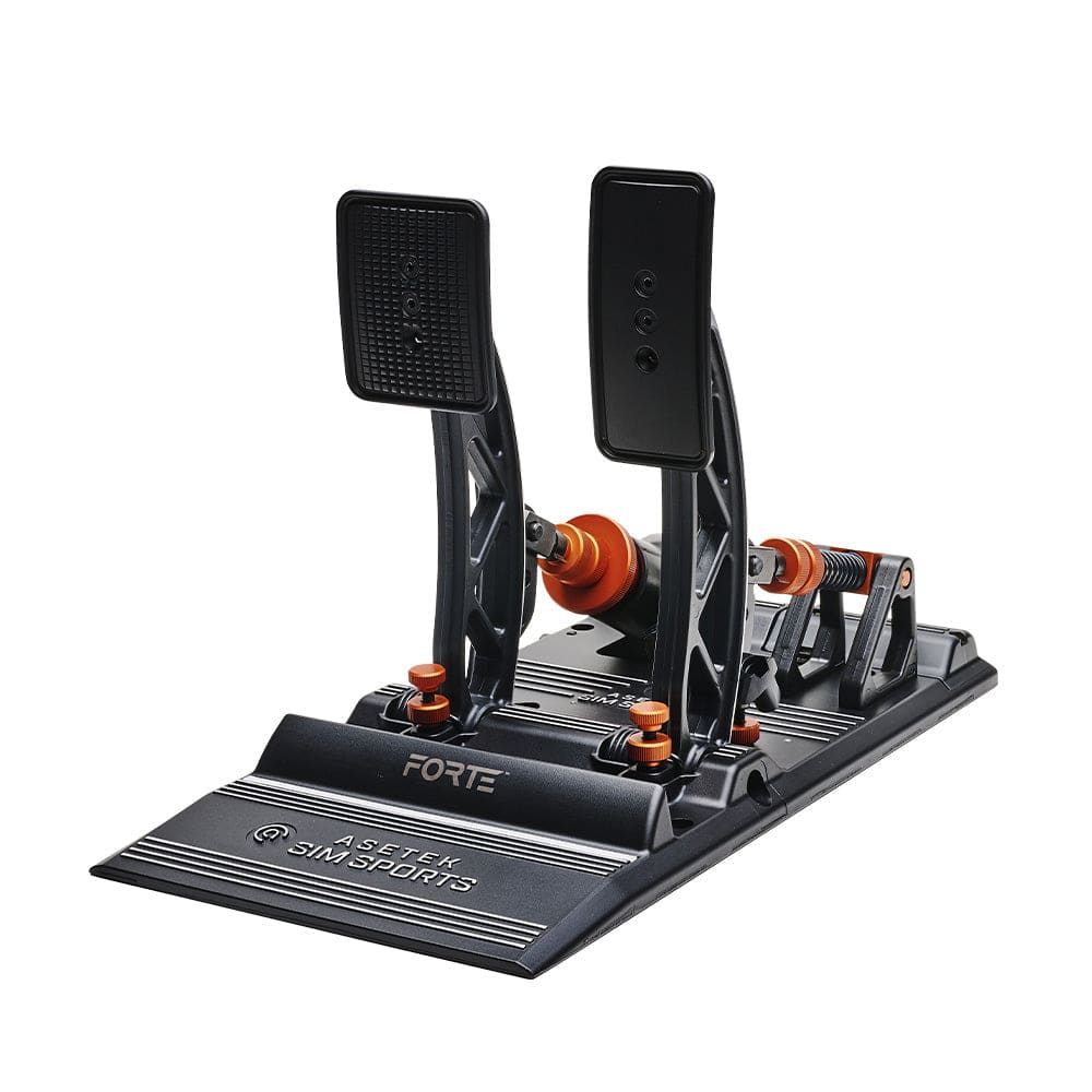 Asetek SimSports Forte sim racing pedals set showing brake and throttle pedals with front and side view.