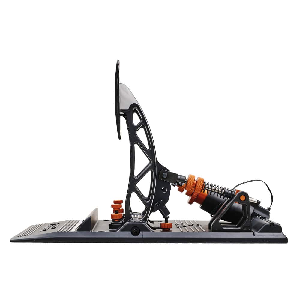 Asetek SimSports Forte sim racing pedals showing brake and throttle pedals from a side angle, open box condition.