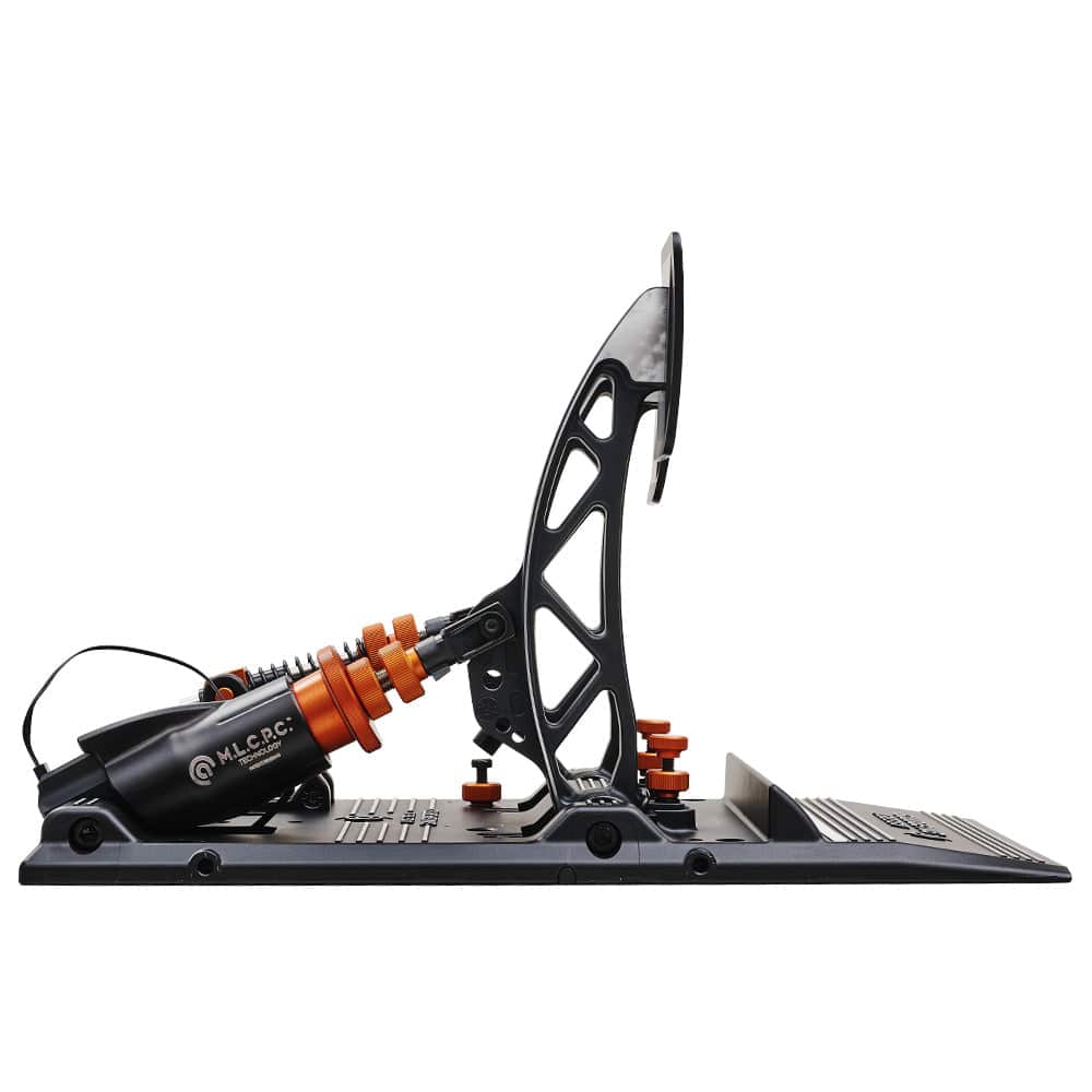 Asetek SimSports Forte sim racing pedals with brake and throttle, shown from the right side in an open box.