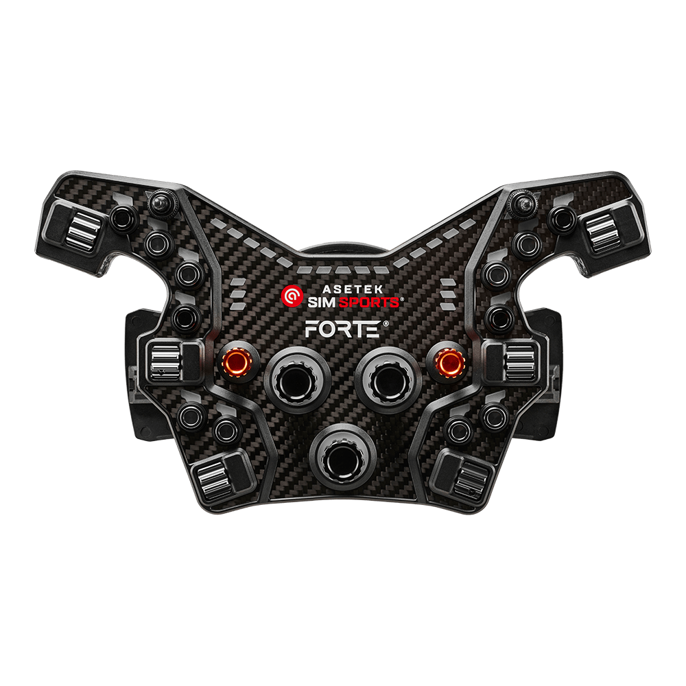 Asetek SimSports Forte Formula Button Box B/G/O wheel rim with black, green, and orange buttons on a sleek racing wheel.