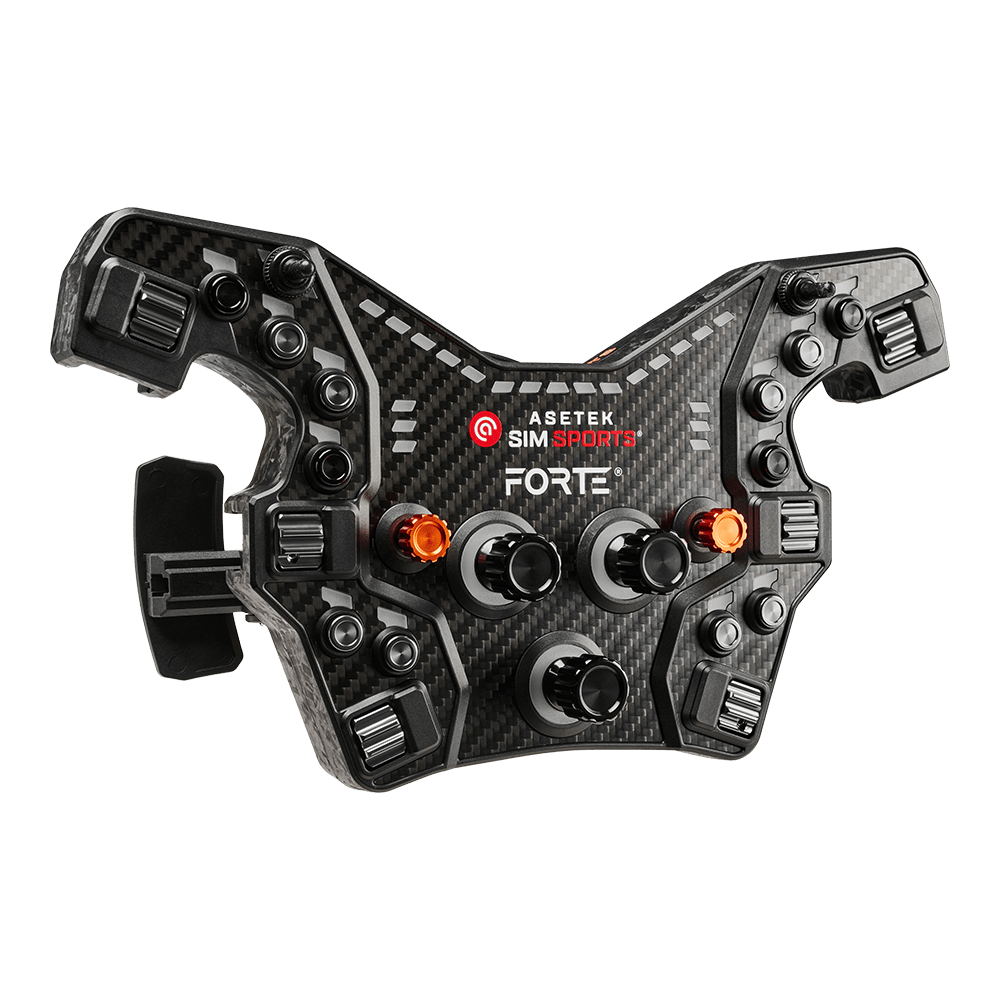 Asetek SimSports Forte Formula Button Box wheel rim with black, green, and orange buttons, shown from the left side without background.