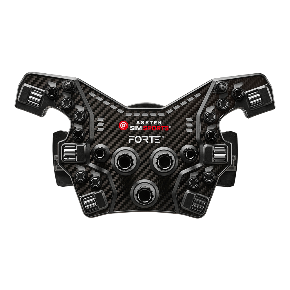 Asetek SimSports Forte Formula Button Box wheel rim with black, gold, and orange buttons, front view displaying multiple control buttons.