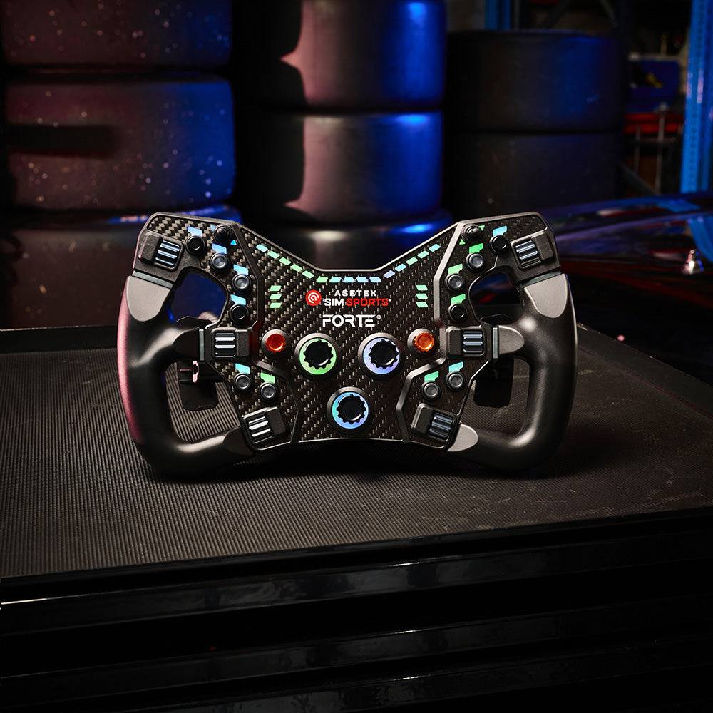 Asetek SimSports Forte Formula Button Box wheel rim in black, gold, and orange, mounted on a racing simulation setup.