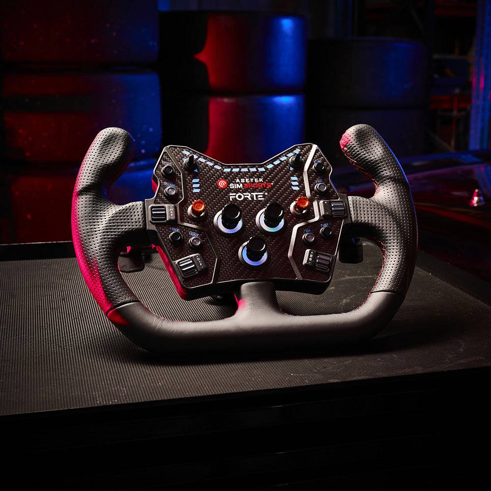 Asetek SimSports Forte GT Button Box wheel rim with black, green, and orange buttons in a driving simulation setup.