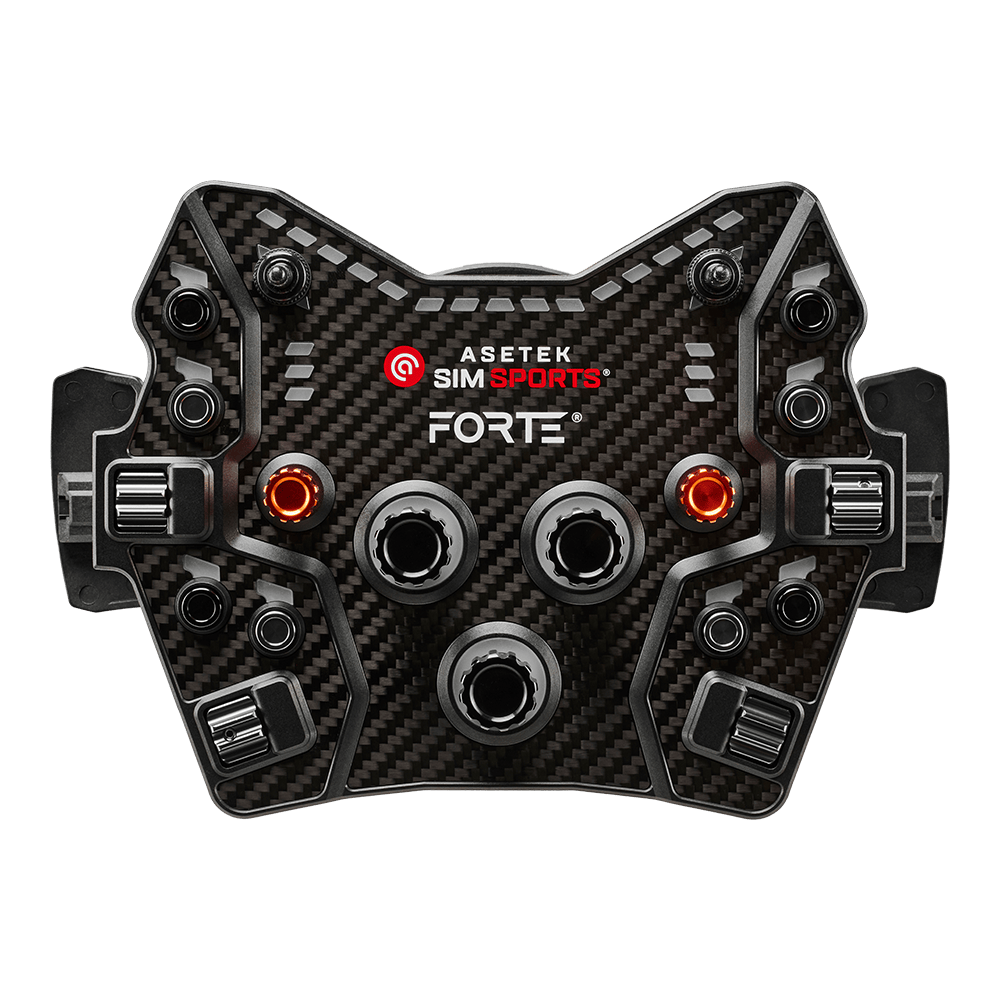 Asetek SimSports Forte GT Button Box wheel rim with black, green, and orange buttons on a sleek racing wheel interface.