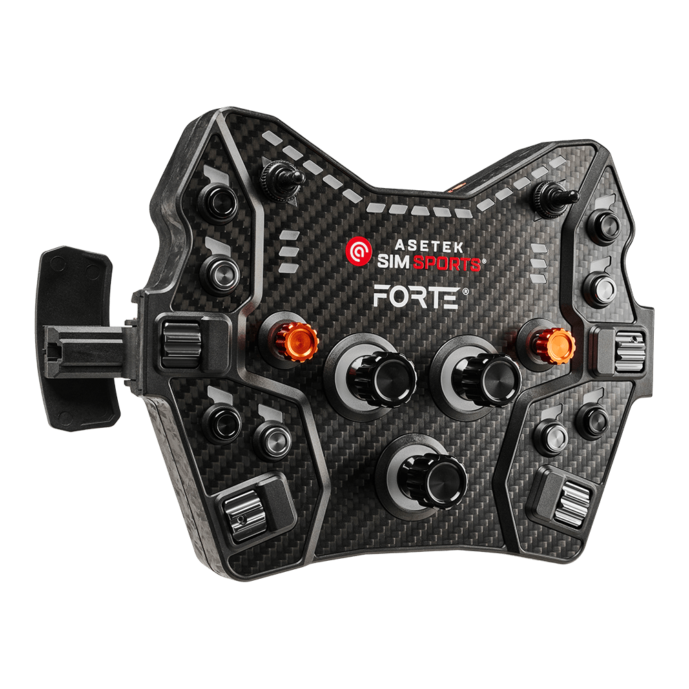 Asetek SimSports Forte GT Button Box wheel rim with black, green, and orange buttons, shown from the left side with no background.