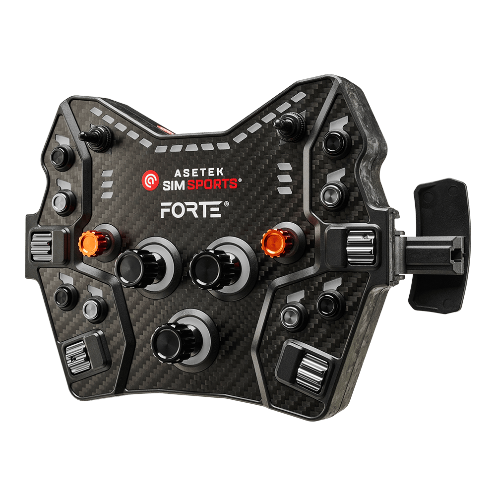 Asetek SimSports Forte GT Button Box wheel rim in B/G/O colors with button layout, shown from the right side on a white background.