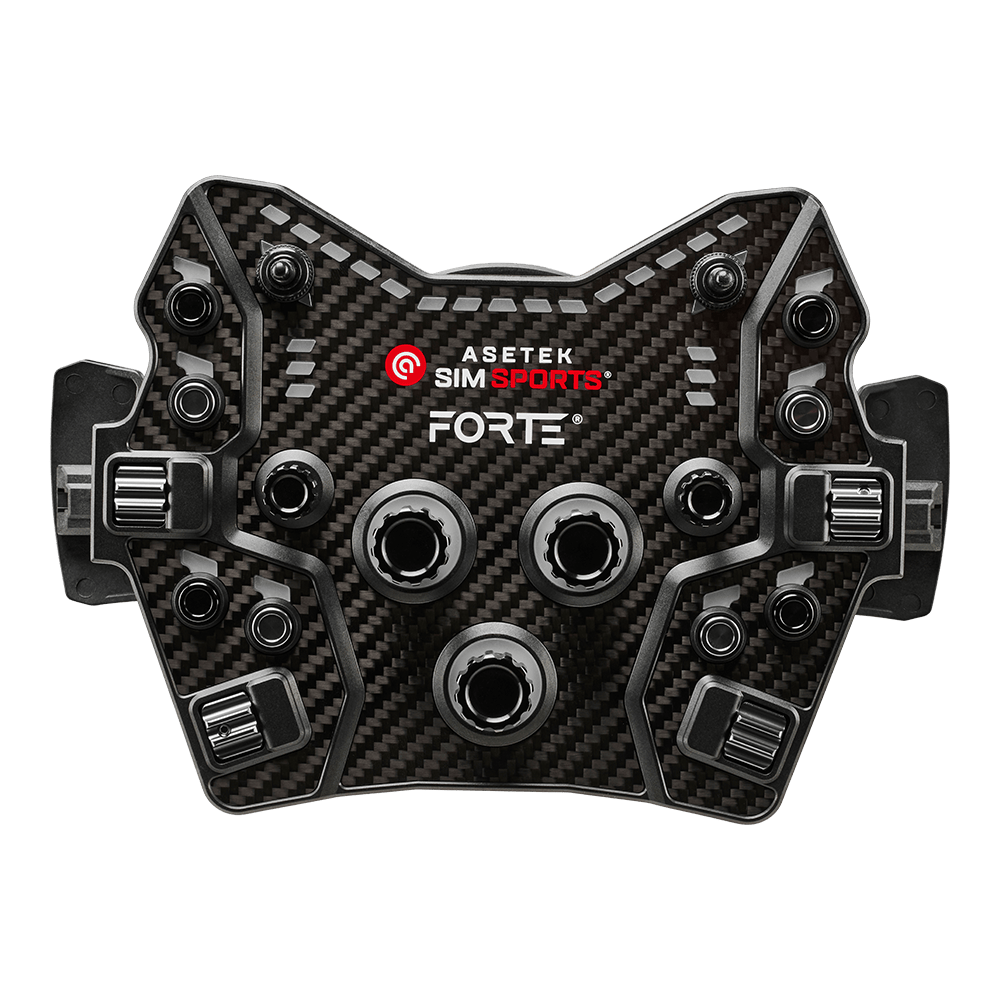 Asetek SimSports Forte GT Button Box wheel rim with B/G/O buttons, front view showing colorful button layout on a sleek racing wheel.