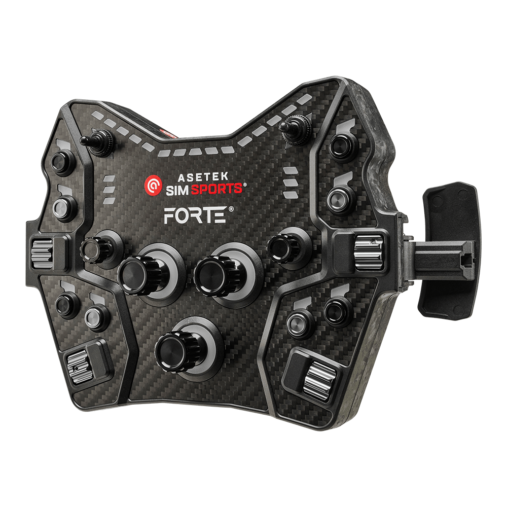 Asetek SimSports Forte GT Button Box wheel rim with black, green, and orange buttons, shown from the right side against a plain background.