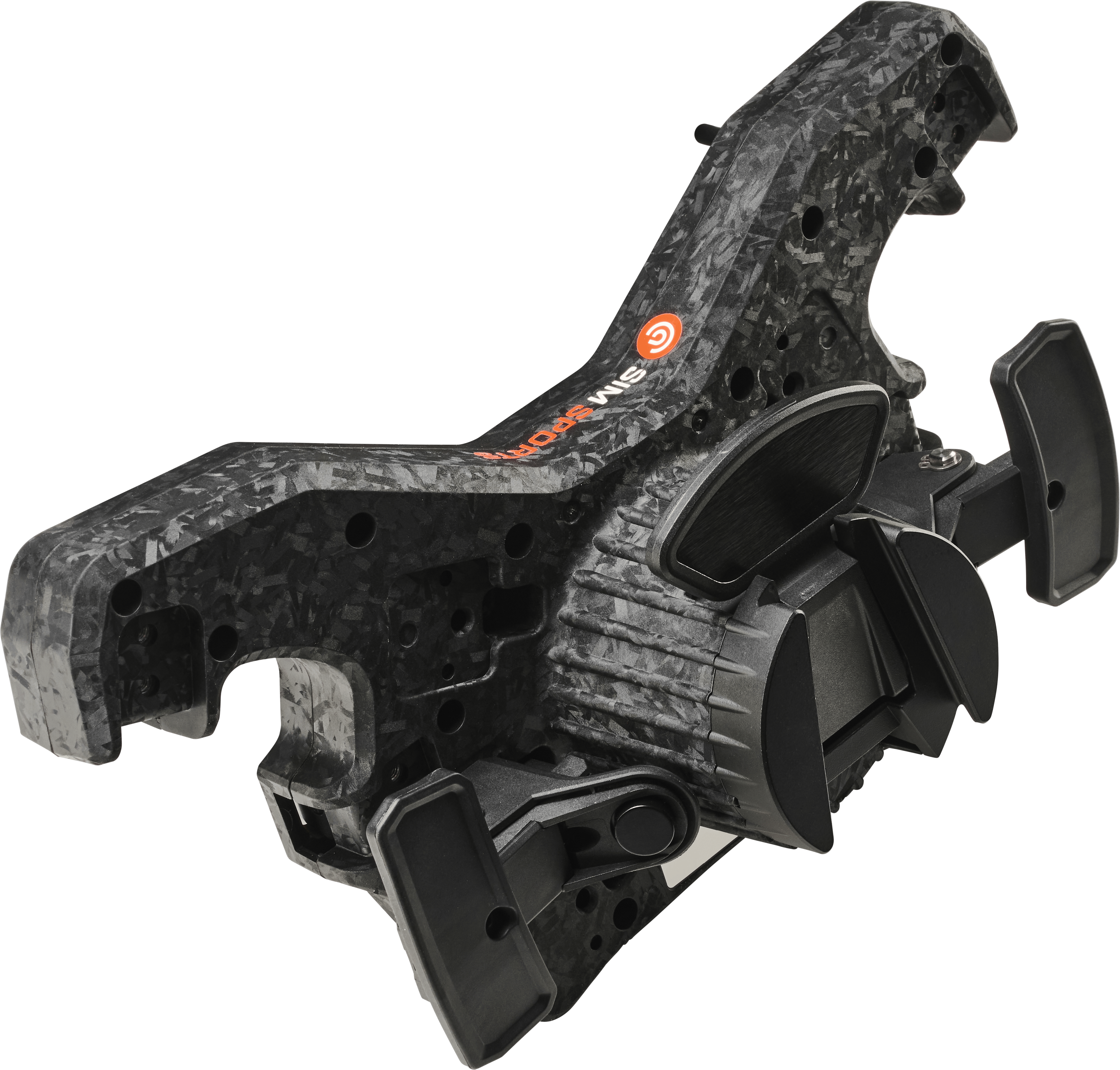 Asetek SimSports La Prima™ Formula Button Box black wheel rim with multiple buttons, viewed at a back-angled perspective.