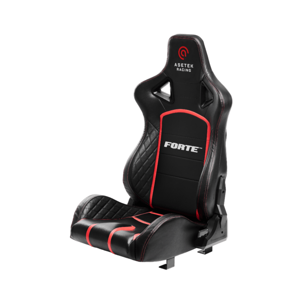 Asetek SimSports Forte Racing Seat for sim racing, black with red accents, ergonomic design and sturdy frame for gaming comfort.