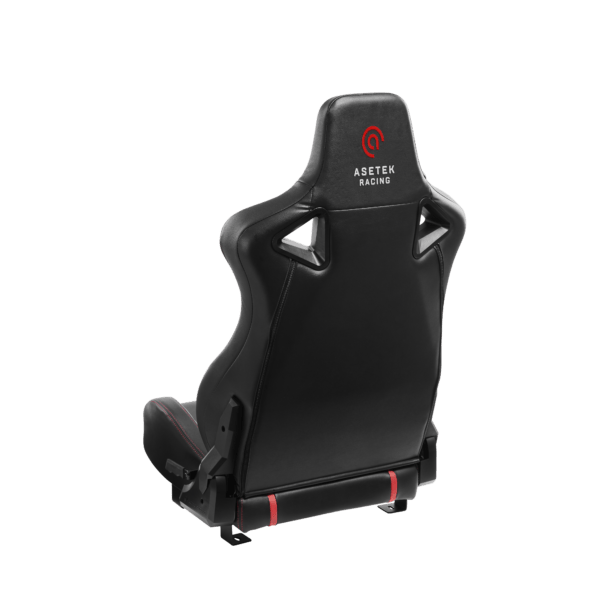 Asetek SimSports Forte Racing Seat viewed from the back, angled left, showcasing the ergonomic design of the sim racing seat.