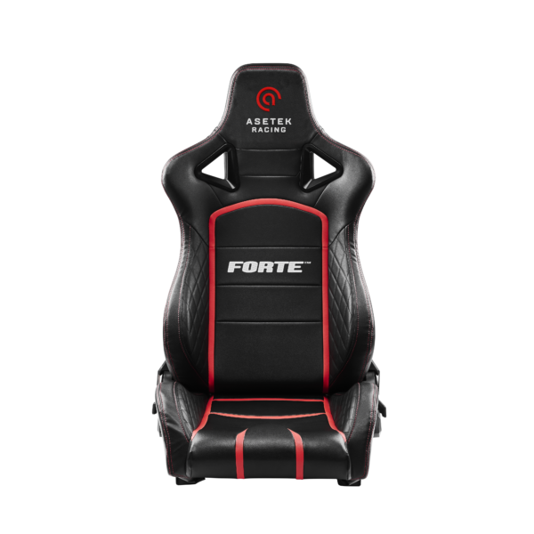 Asetek SimSports Racing Forte sim racing seat with black and red upholstery, ergonomic design, and sturdy frame for gaming comfort.