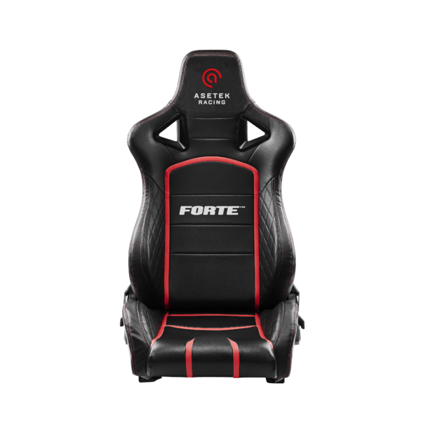 Asetek SimSports Forte Racing seat for sim racing, featuring a sturdy frame, ergonomic design, and adjustable components.