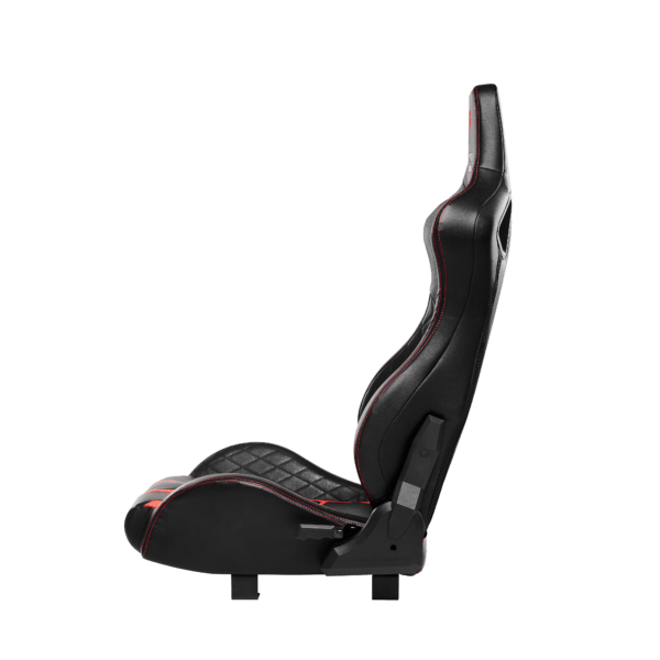 Asetek SimSports Forte Racing Seat viewed from the side, featuring black racing seat design for sim racing and gaming comfort.
