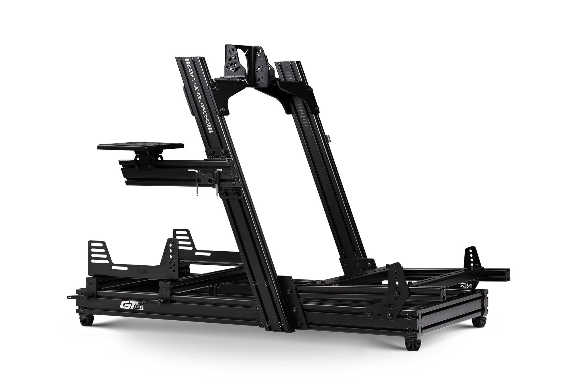 Next Level Racing GTELite sim racing cockpit with front and side mounts, sturdy frame and adjustable racing seat for immersive racing experience.